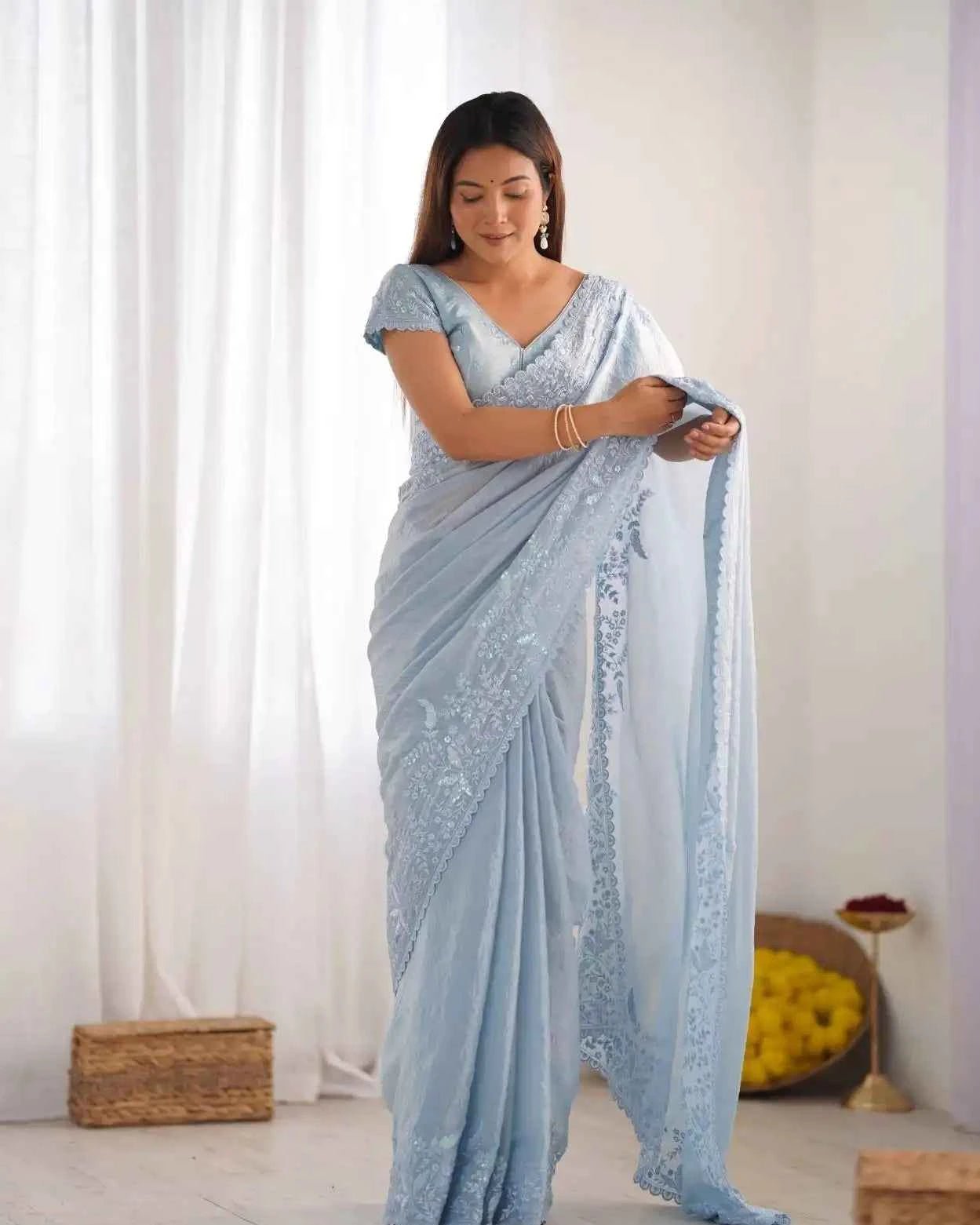 Nayoora Powder Blue Crushed Tissue Saree – Lucknowi Sequin Work - Nayoora