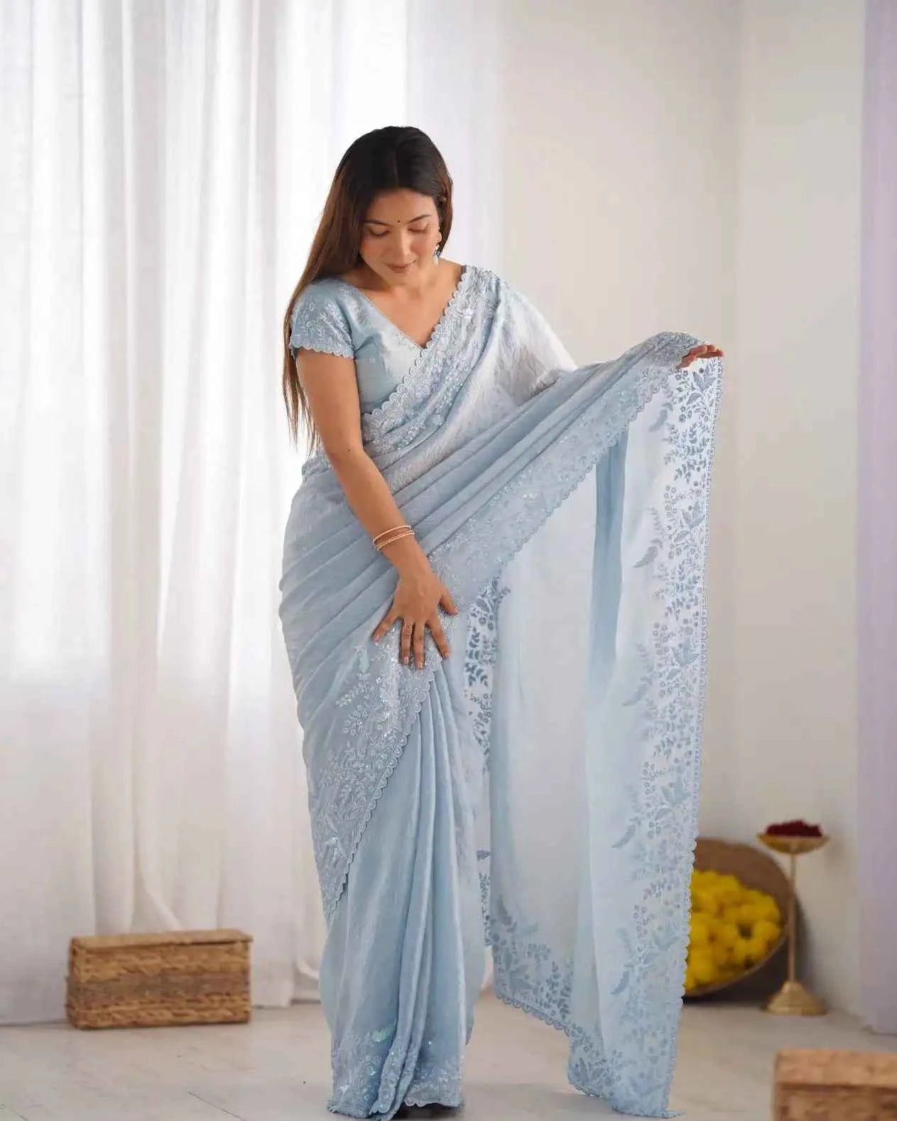 Nayoora Powder Blue Crushed Tissue Saree – Lucknowi Sequin Work - Nayoora