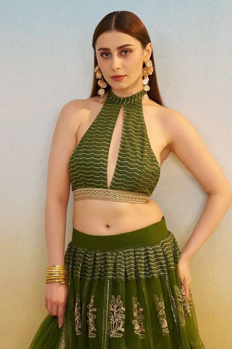 Green embroidered halter crop top and flared lehenga skirt with waist border