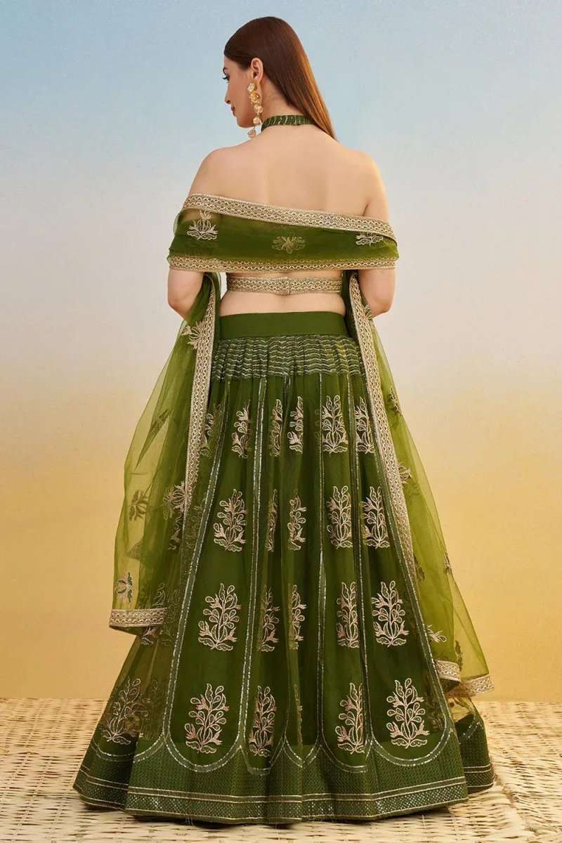 Green embroidered lehenga skirt and dupatta, back view with halter blouse