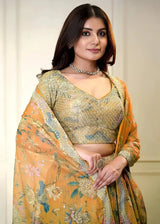 Lehenga set: gold sequin floral blouse with elbow sleeves and orange printed dupatta