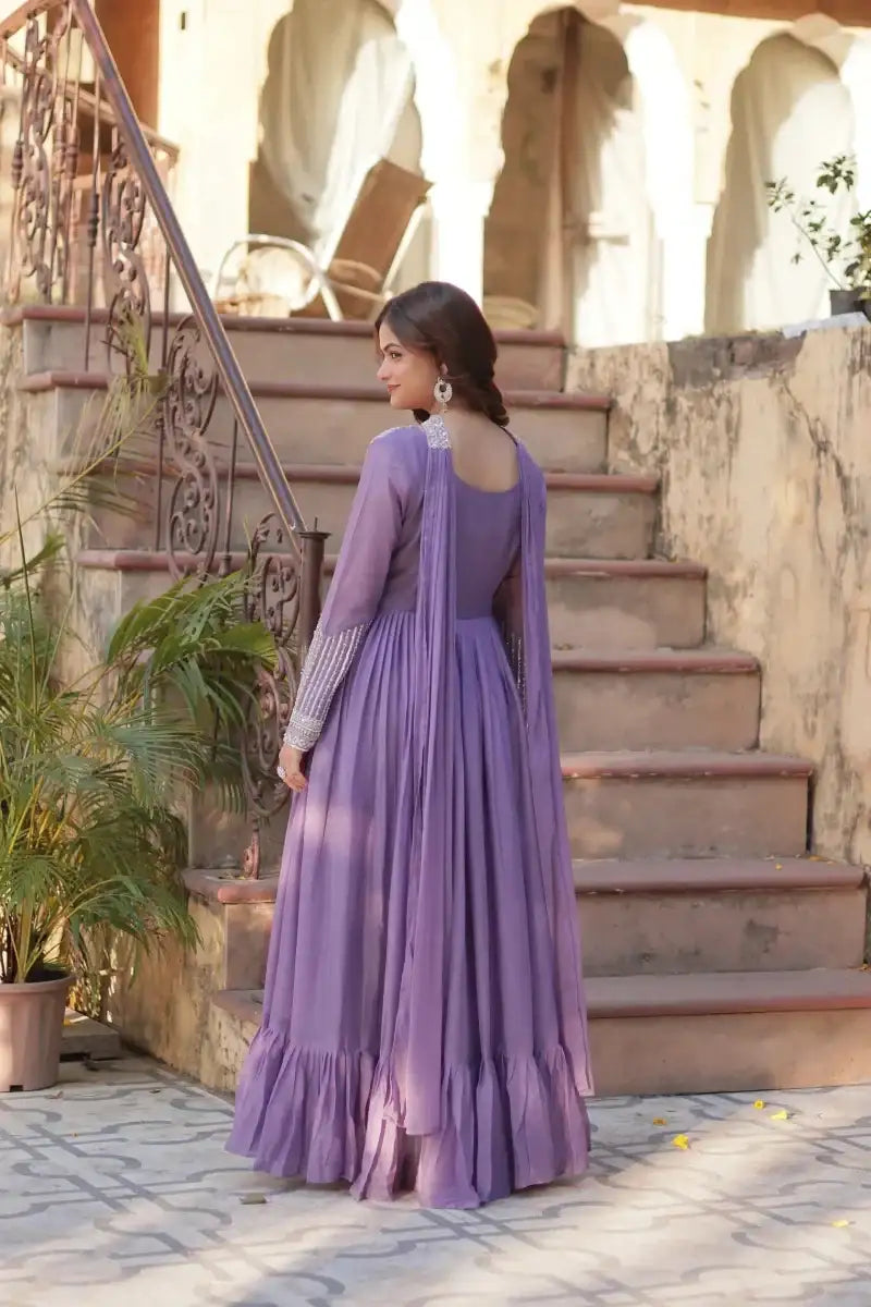 Purple embroidered sequin gown, back view with long sleeves and flared skirt