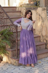 Sequined georgette gown, lavender purple with silver yoke, long sleeves, gathered tiered hem