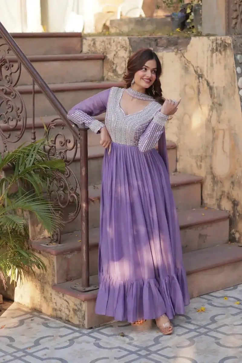 Purple sequined embroidered designer gown, long sleeves, tiered skirt