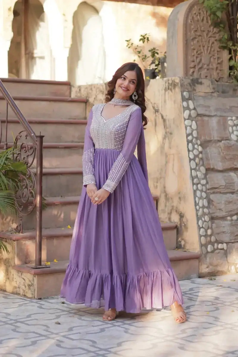 Purple sequined georgette embroidered designer gown, long sleeves, tiered skirt