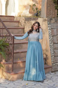 Blue sequined georgette embroidered designer gown, long sleeves, tiered skirt