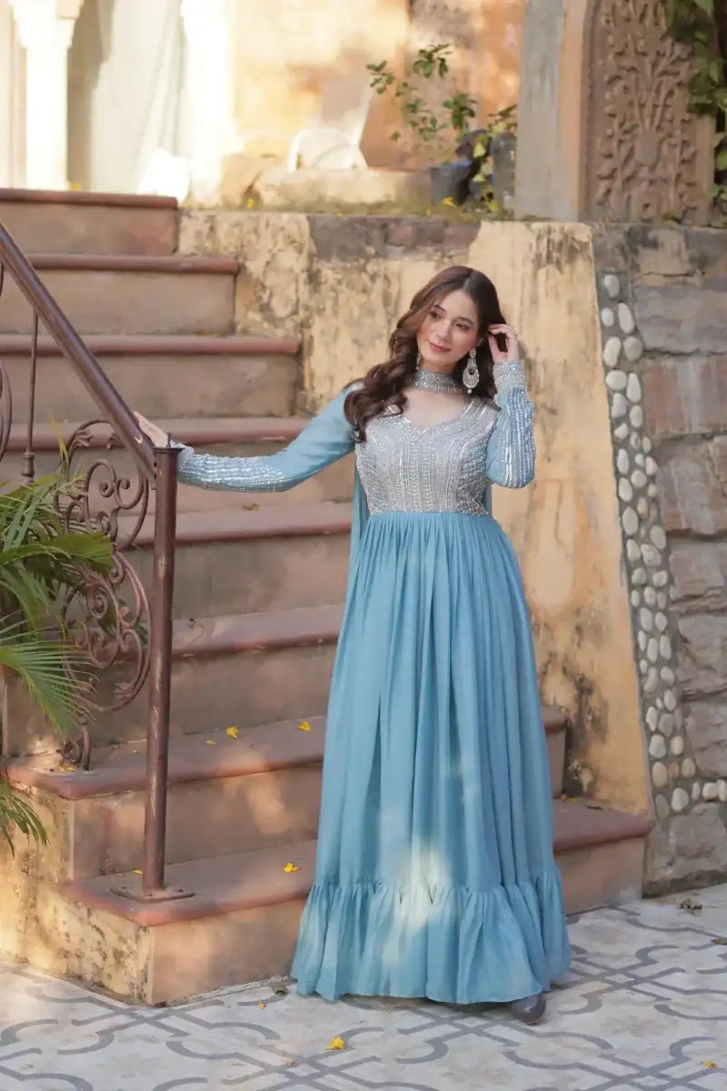 Blue sequined georgette embroidered designer gown, long sleeves, tiered skirt