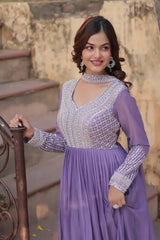 Sequined georgette gown, purple with silver yoke, long sleeves, close view of neckline