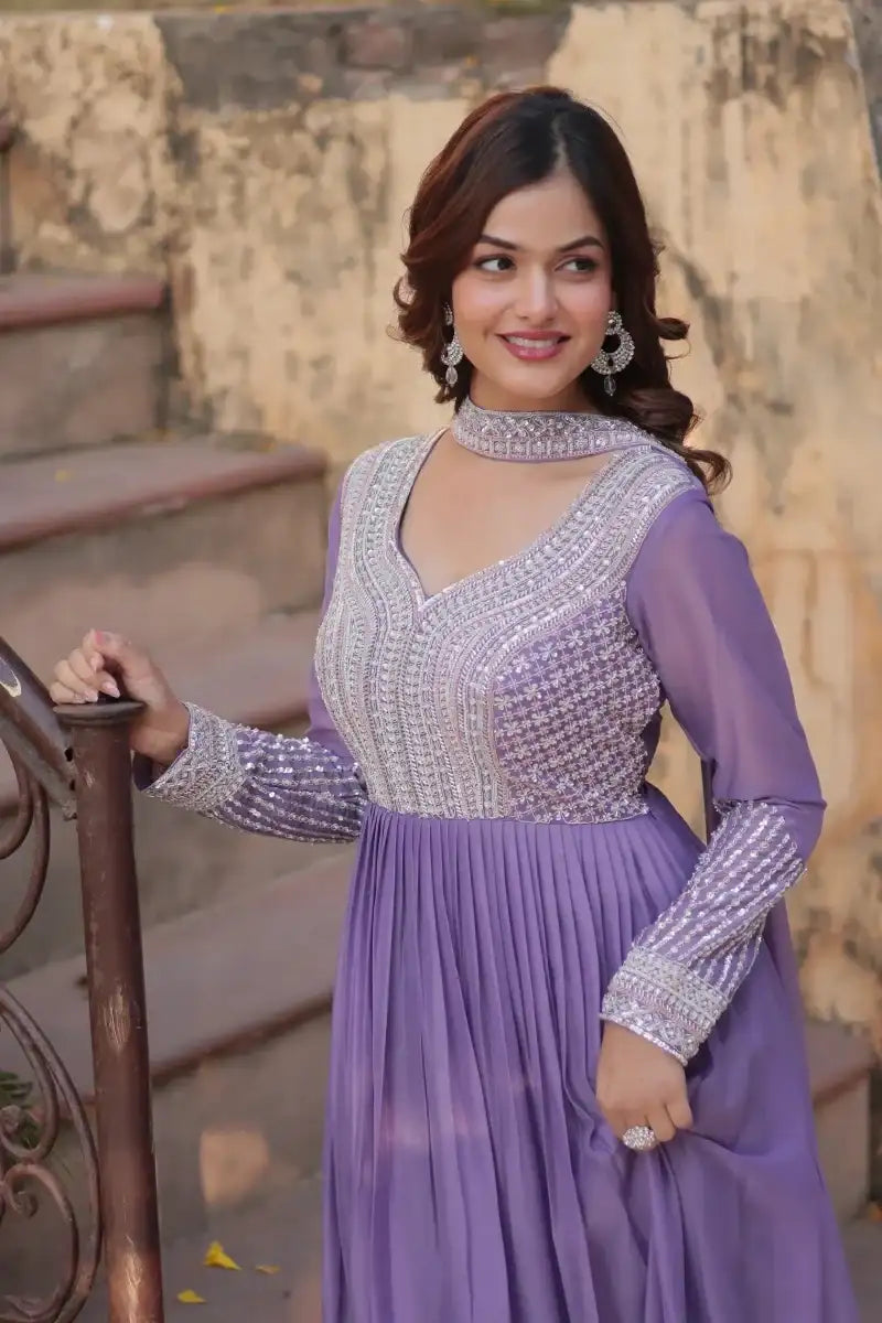 Purple sequined embroidered georgette gown, long sleeves, V-neck bodice