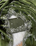 Olive green silk saree with white floral embroidery border and pallu drape