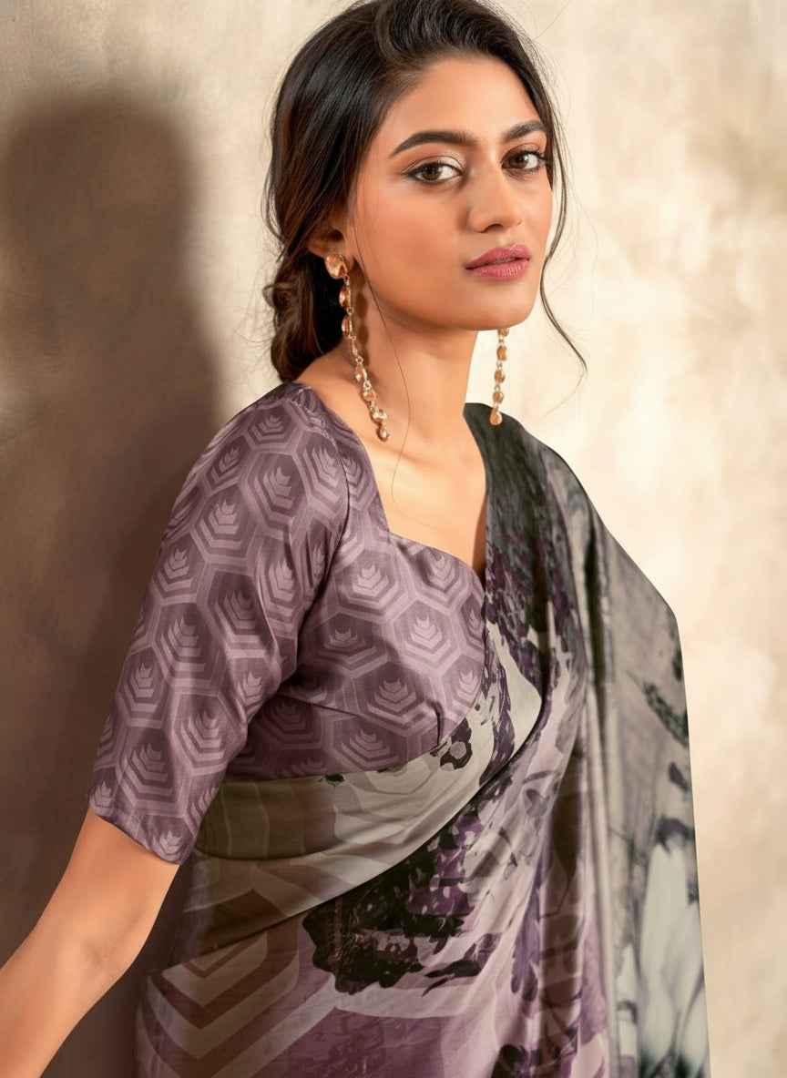 Nayoora Purple Abstract Satin Crepe Saree - Nayoora
