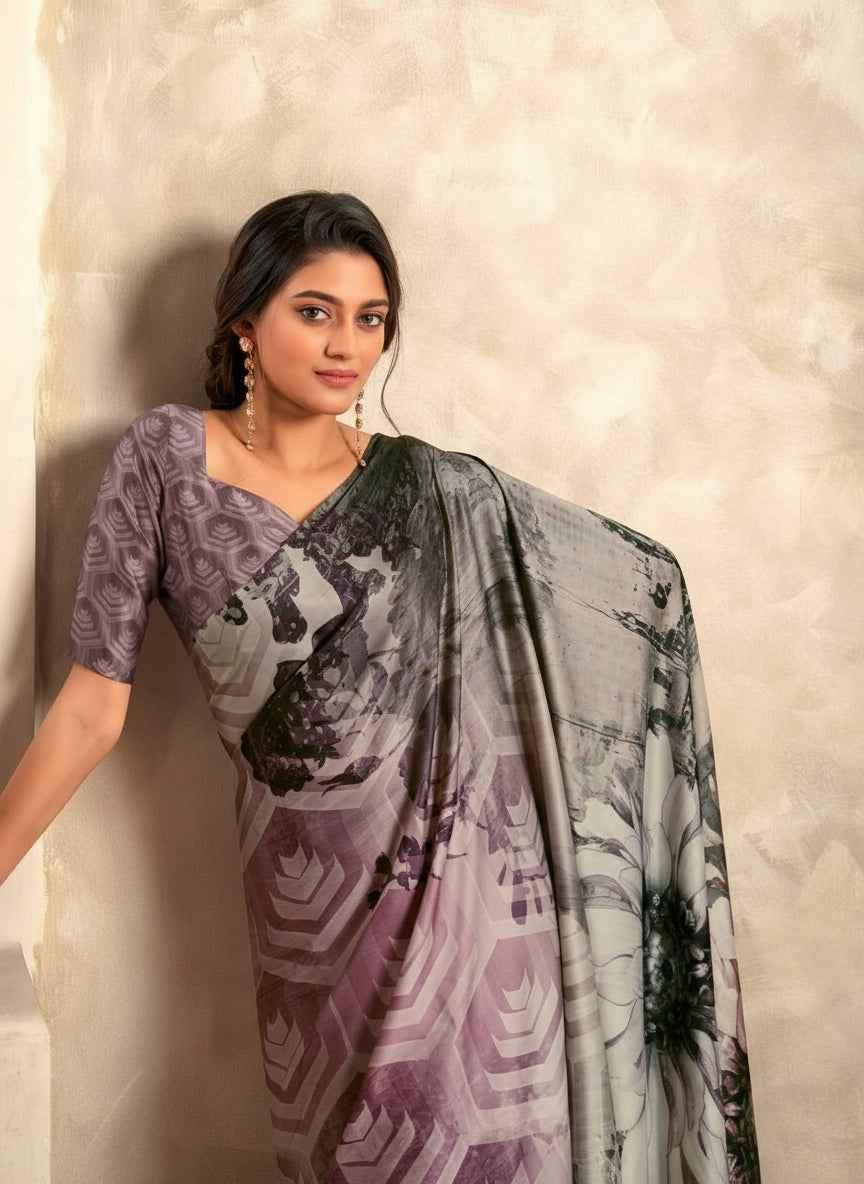 Purple and dark gray-green saree with abstract floral print and patterned pallu, side drape