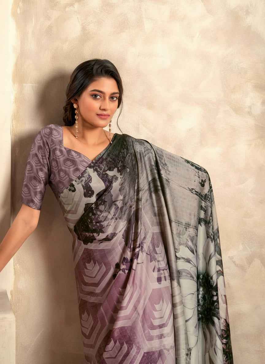 Nayoora Purple Abstract Satin Crepe Saree - Nayoora