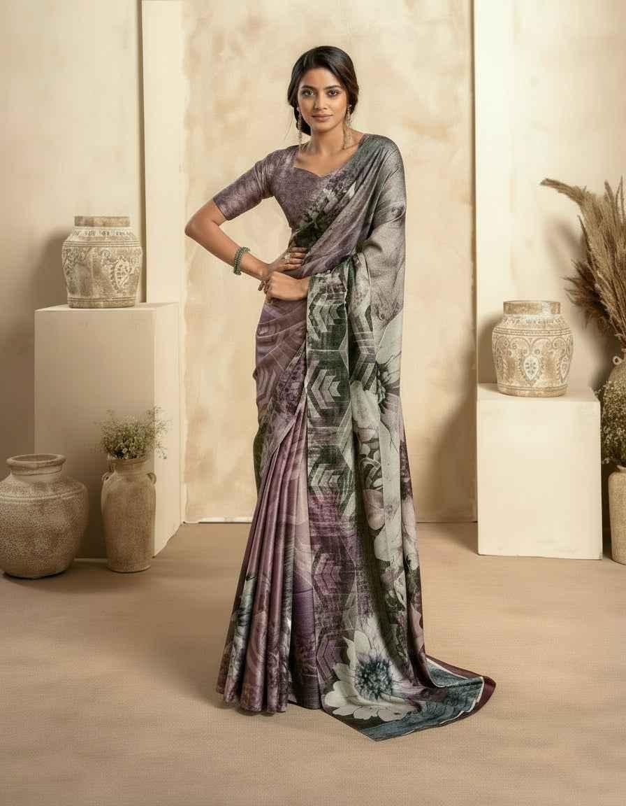 Abstract printed purple saree with geometric border and trailing drape, full view