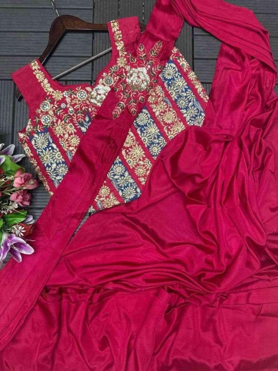 Pink crepe ready-to-wear saree with multicolor embroidered yoke on hanger