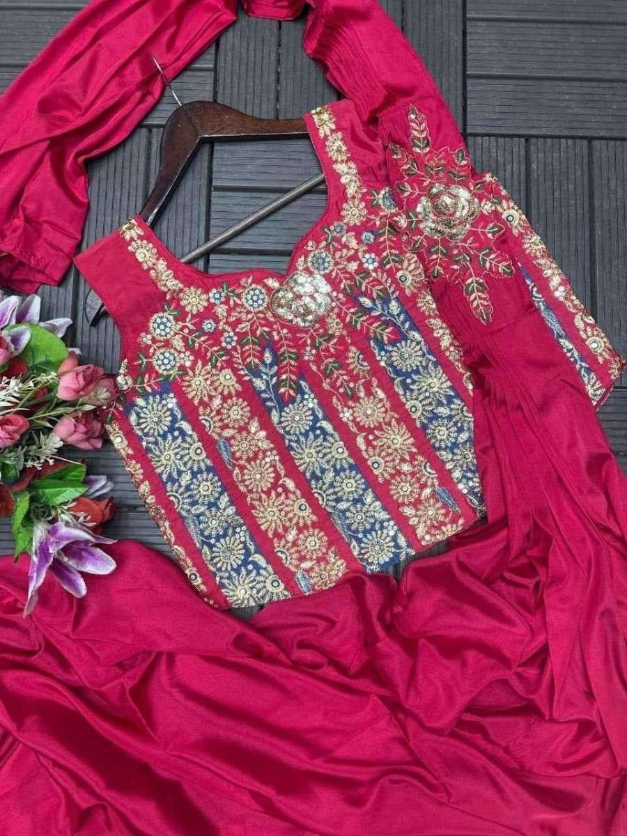 Pink crepe ready-to-wear saree with multicolor floral embroidered yoke and border