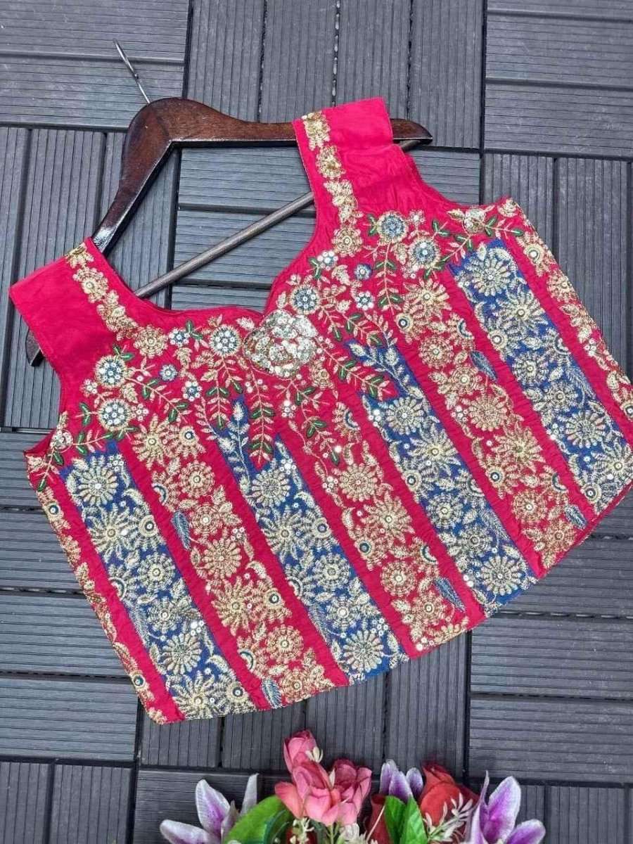 Pink crepe ready-to-wear saree with multicolor embroidered yoke and striped panel