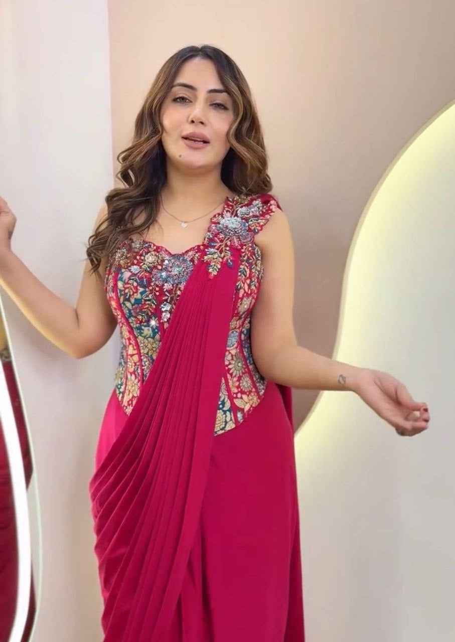 Nayoora Rani Pink Embroidered Crepe Ready - to - Wear Saree - Nayoora