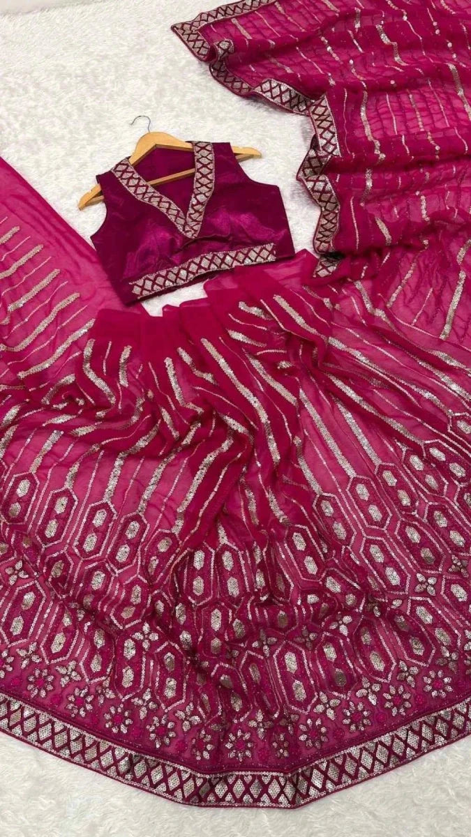 Nayoora Rani Pink Georgette Saree – All - Over Sequin & Dori Work - Nayoora