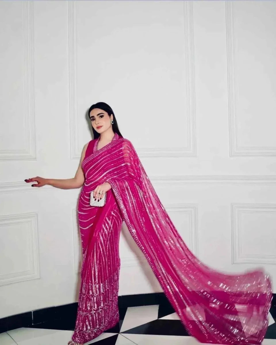 Nayoora Rani Pink Georgette Saree – All - Over Sequin & Dori Work - Nayoora