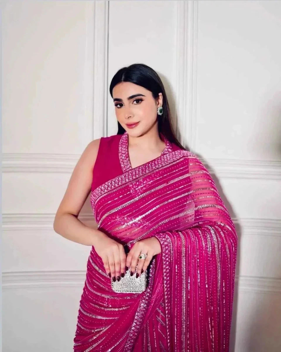 Nayoora Rani Pink Georgette Saree – All - Over Sequin & Dori Work - Nayoora