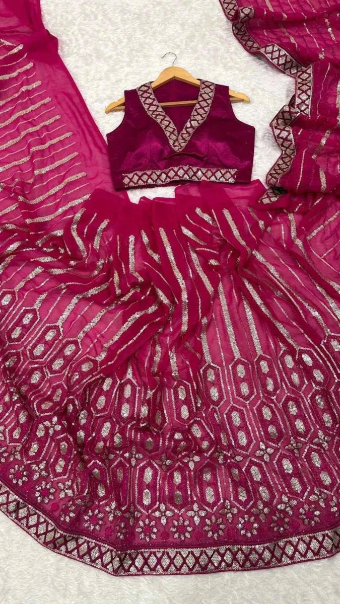 Nayoora Rani Pink Georgette Saree – All - Over Sequin & Dori Work - Nayoora