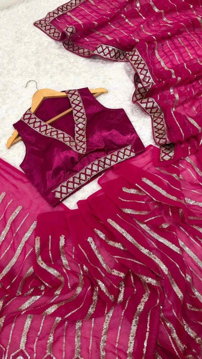 Nayoora Rani Pink Georgette Saree – All - Over Sequin & Dori Work - Nayoora