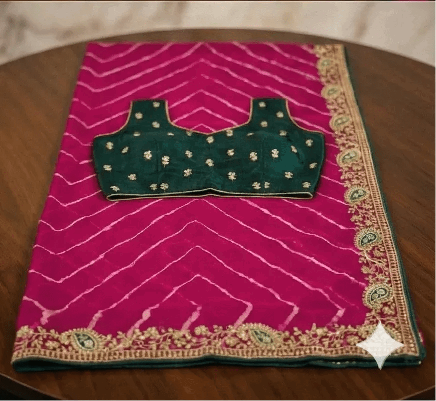 Rani pink saree with green blouse panel and gold border trim, folded on table