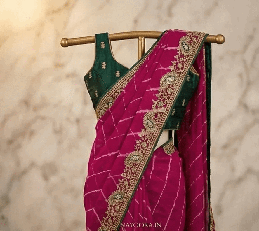 Rani pink georgette saree with green border and gold embroidery detail