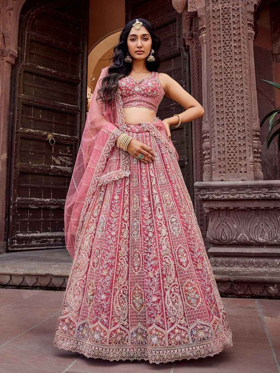 Nayoora Rani Pink Net Lehenga – Heavy Sequins & Thread Cutwork - Nayoora