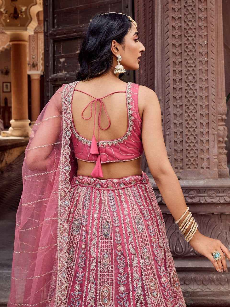 Nayoora Rani Pink Net Lehenga – Heavy Sequins & Thread Cutwork - Nayoora