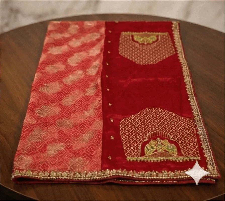 Red saree with matching blouse pieces, gold-trimmed printed panels