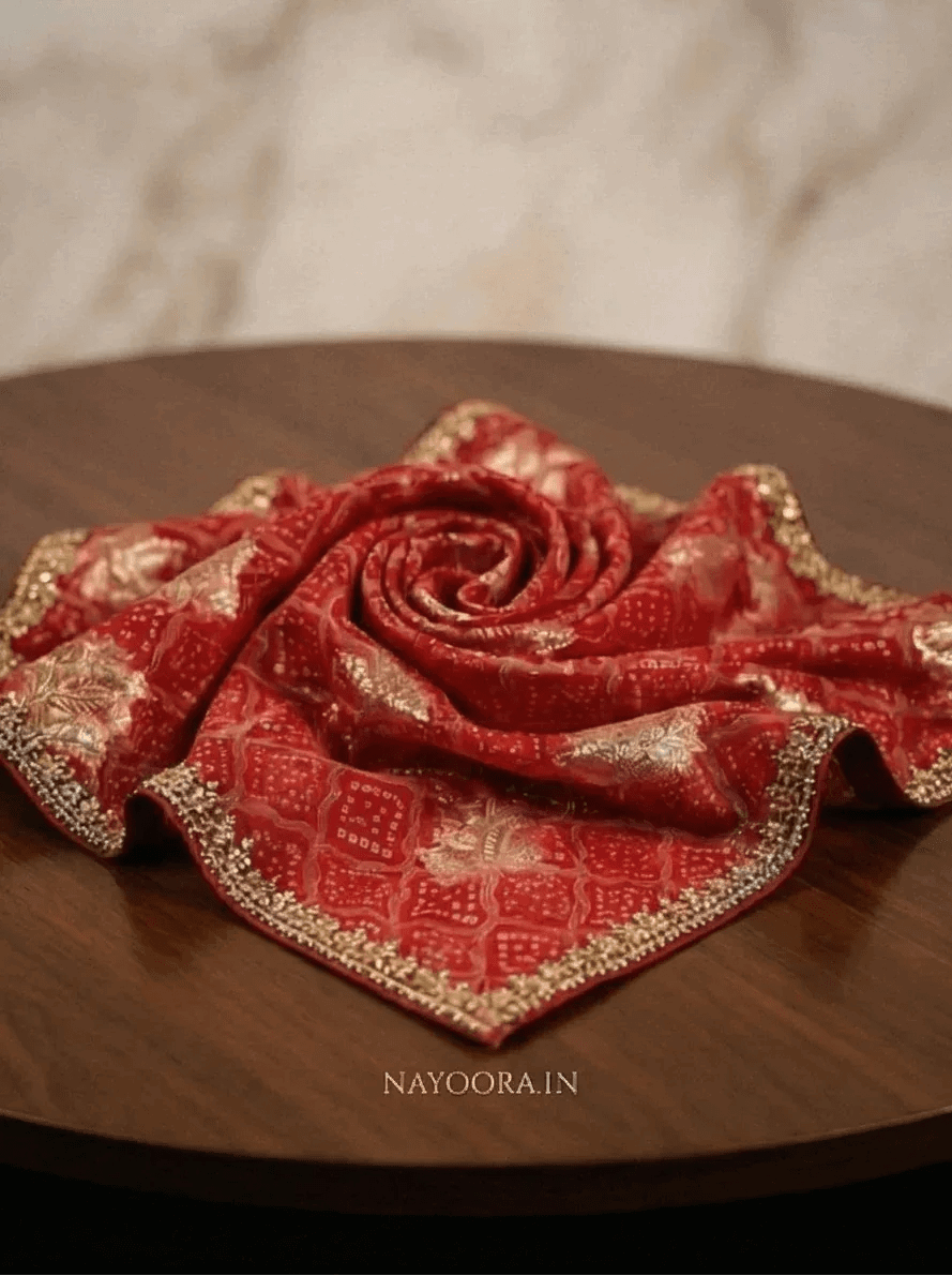 Red bandhani georgette saree folded with ornate gold-trim border