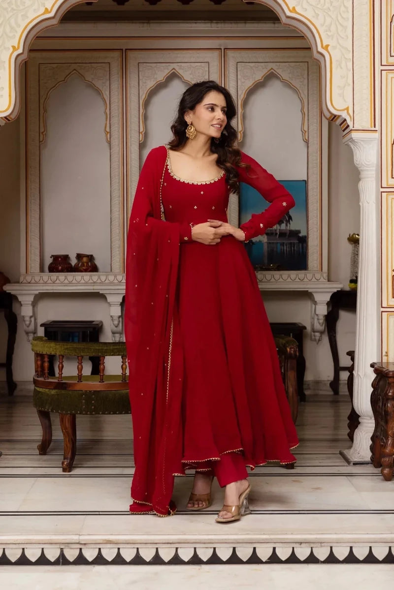 Red sequin anarkali suit with scalloped hem detail and matching dupatta