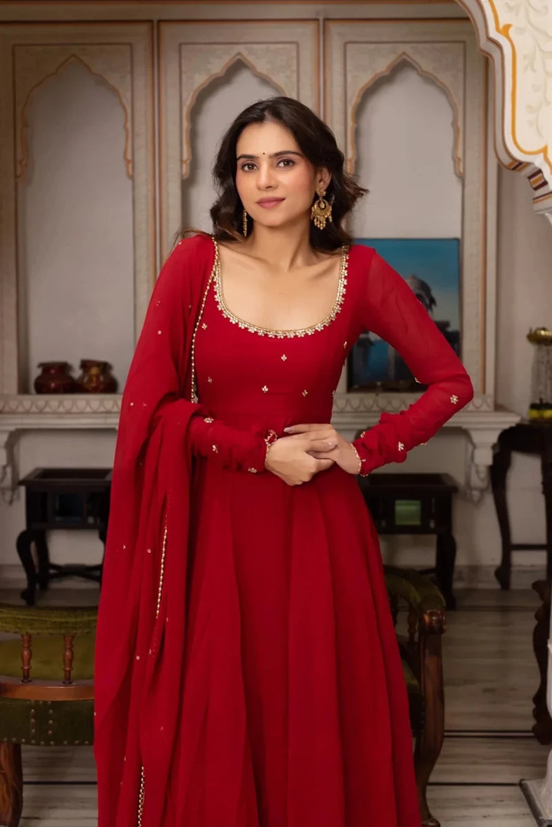 Red sequin anarkali suit with square neckline, long sleeves and side drape