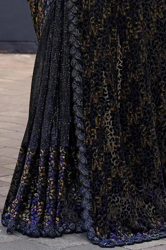 Dark velvet saree hem with gold beadwork motif border