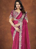 Rose pink silk saree with gold-cream embroidered border and matching blouse