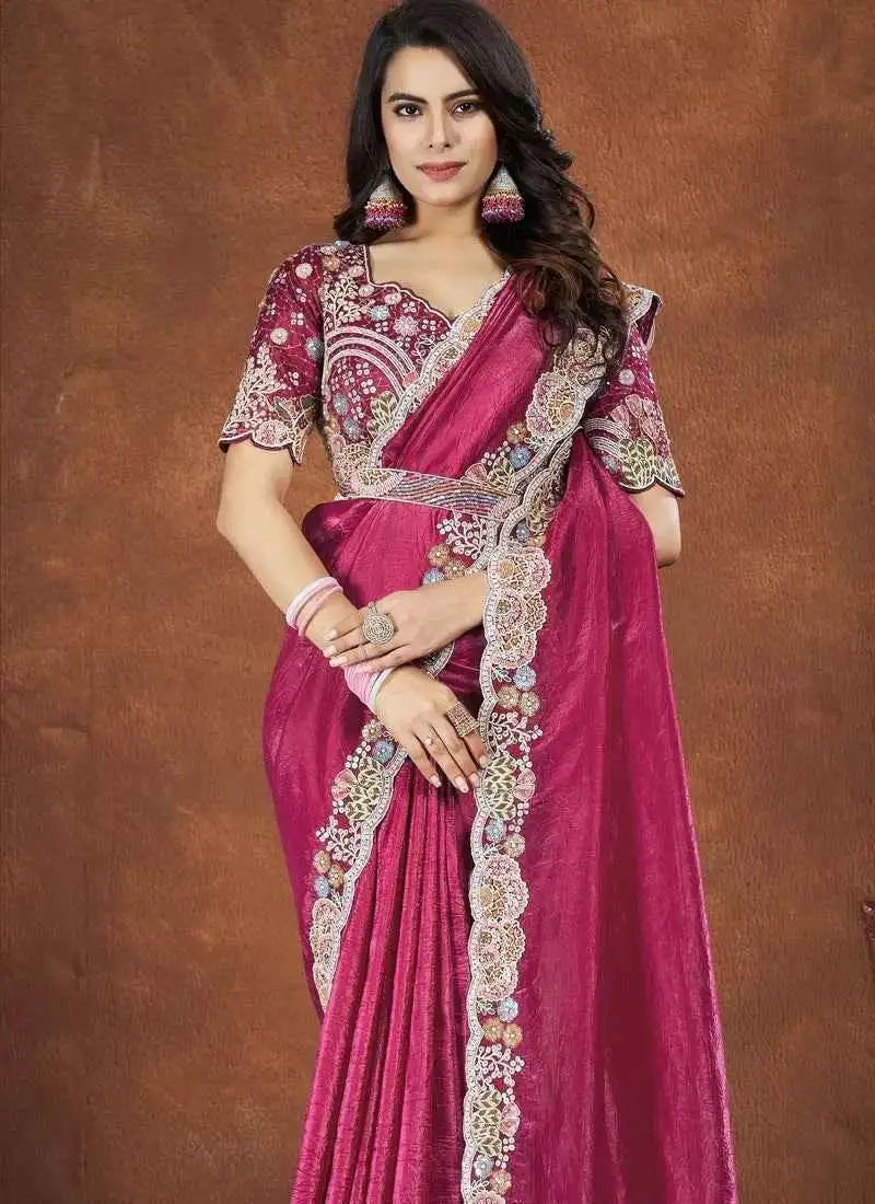 Rose-pink Banarasi silk saree with gold lace border and embroidered blouse