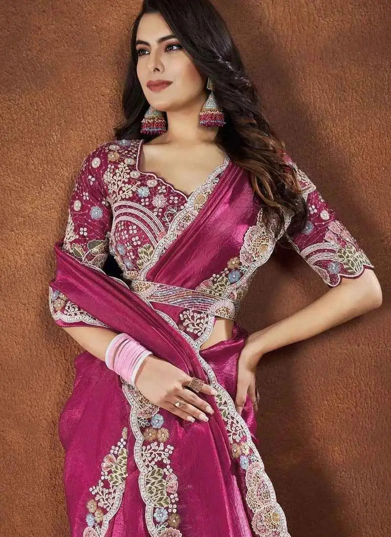 Rose-pink Banarasi silk saree, side drape with gold lace trim and maroon blouse