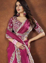 Rose-pink Banarasi silk saree, side drape with gold lace trim and maroon blouse
