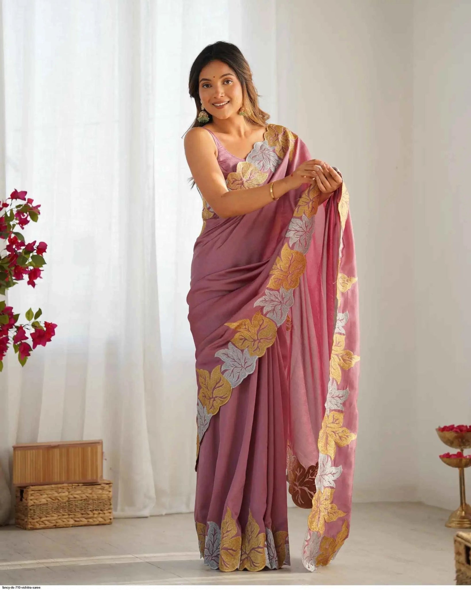 Nayoora Rose Pink Embroidered Vichitra Silk Saree - Nayoora