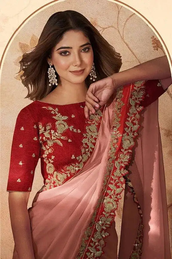 Designer party wear saree with mauve drape, gold and red embroidered border, maroon blouse