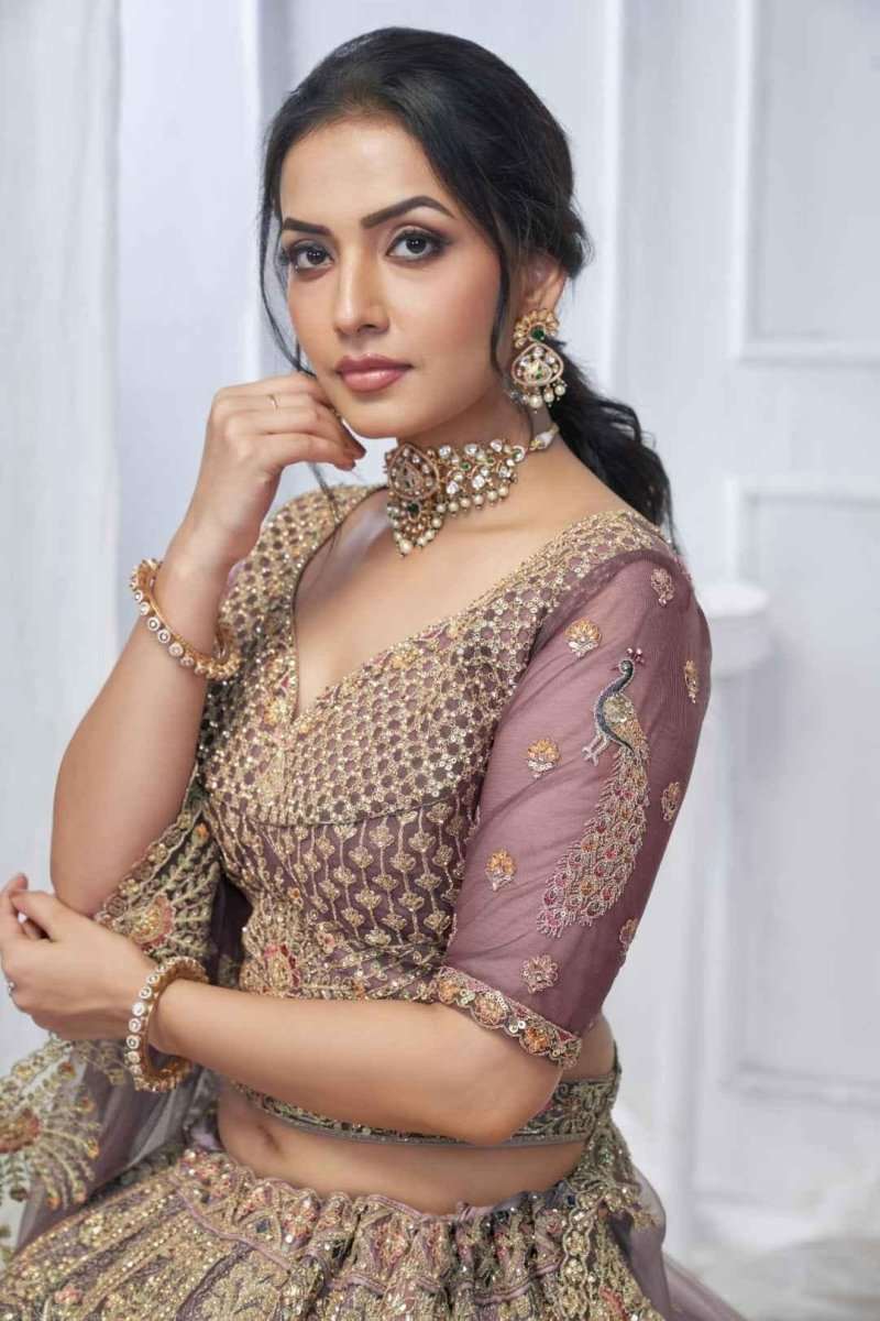 Embroidered mauve mesh choli with gold motifs, statement jewelry, and matching sheer dupatta