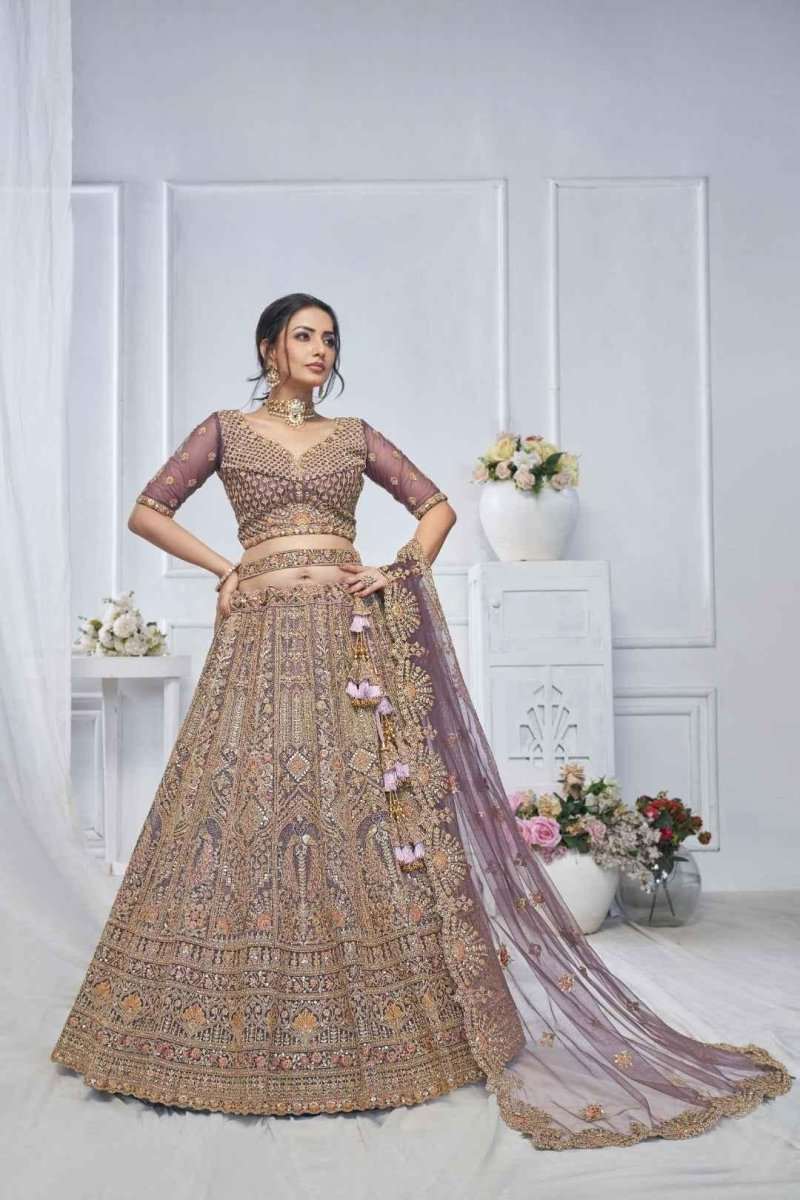 Mauve and gold embroidered net lehenga with full skirt, embellished blouse, and dupatta