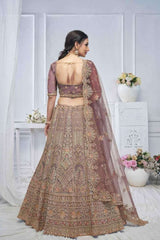 Back view of bridal net lehenga with mauve embroidered blouse and gold paisley skirt