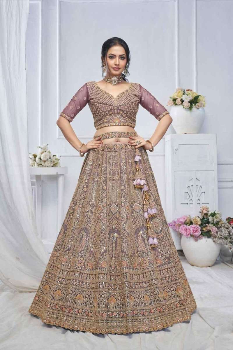 Mauve and gold embroidered net lehenga with full skirt, embellished blouse, and dupatta