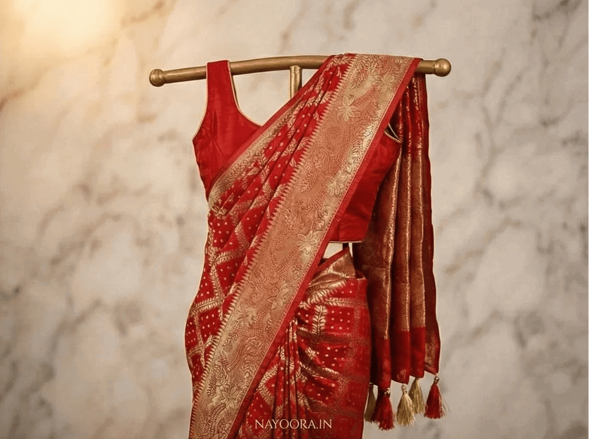 Red Banarasi silk saree with gold patterned border and draped pallu