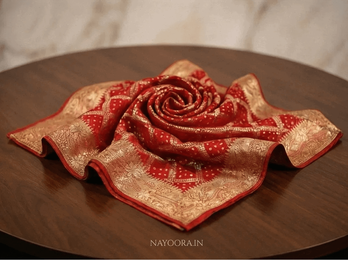Folded red silk saree with gold zari border and geometric motifs
