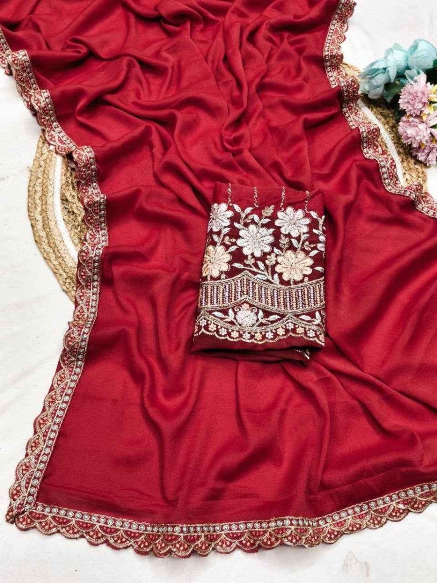 Nayoora Royal Red Georgette Saree – Heavy Handwork Designer Blouse - Nayoora