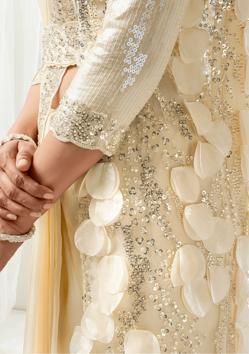 Nayoora Royale Champagne Ivory Satin Silk Ready to Wear Saree Set - Nayoora